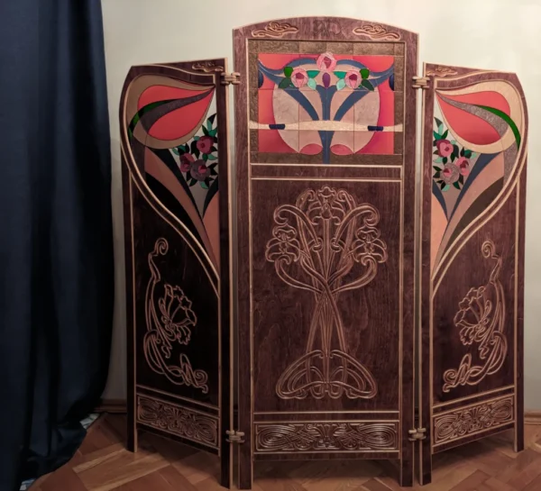 Art Nouveau style handmade wood folding screen inspired by Gaspar Homar and Charles Rennie Mackintosh - Image 7