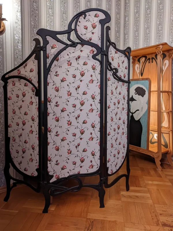 Art Nouveau style wood room divider folding screen a la Louis Majorelle, room divider portable with William Morris textil - Image 9