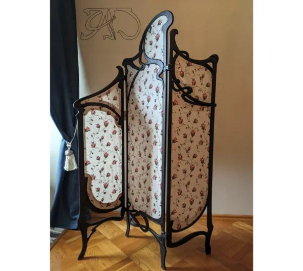 Art Nouveau style wood room divider folding screen a la Louis Majorelle, room divider portable with William Morris textil - Image 6