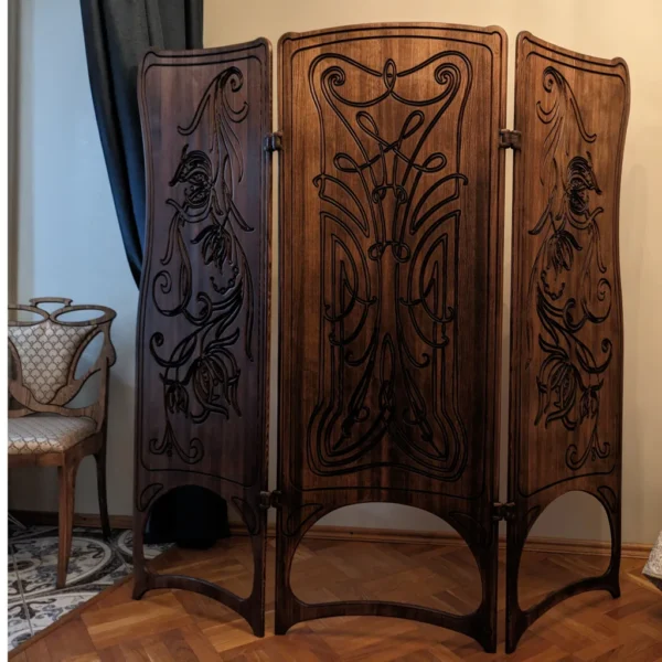 Art Nouveau wood carved folding screen (Large version)