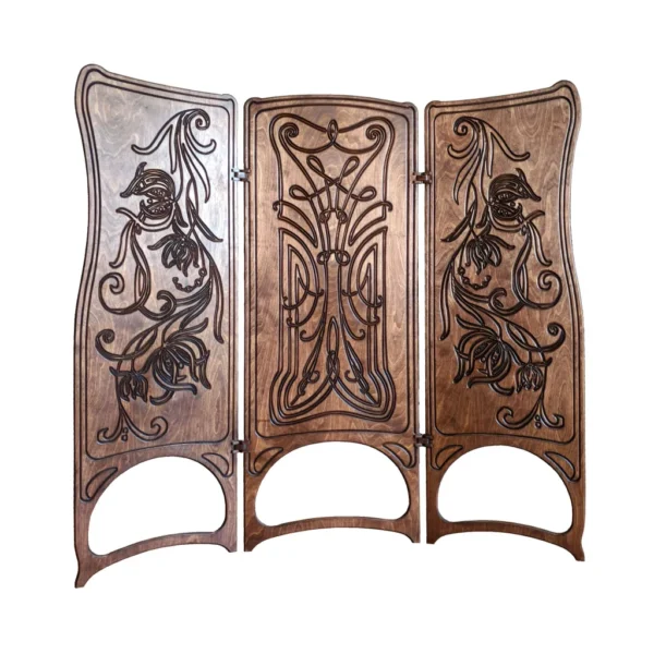 Art Nouveau wood carved folding screen