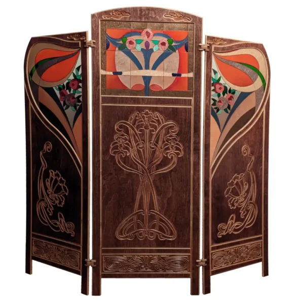 Art Nouveau style handmade wood folding screen inspired by Gaspar Homar and Charles Rennie Mackintosh