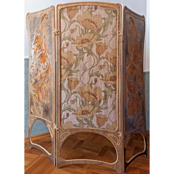 Art Nouveau wood carved folding screen  #3 textile version