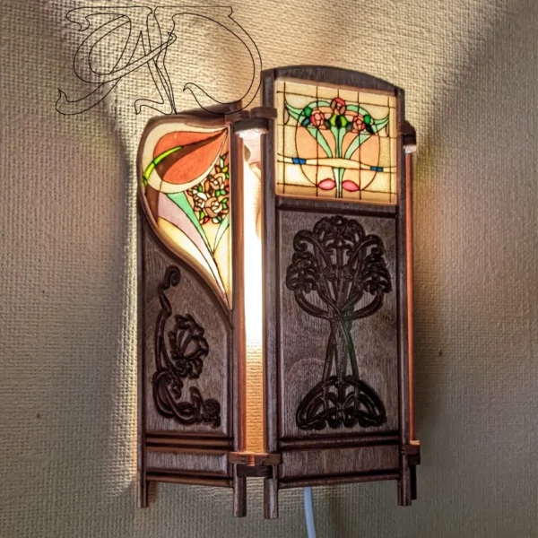 A&D Art Nouveau lamp as plug in wall sconce, wood pendant light