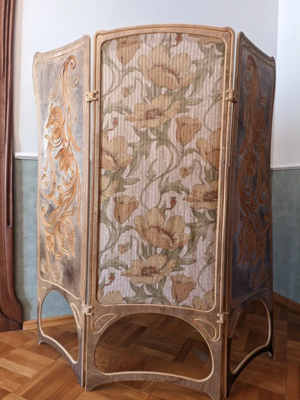 Art Nouveau wood carved folding screen  #3 textile version - Image 7