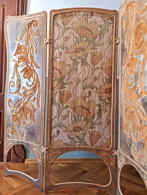 Art Nouveau wood carved folding screen  #3 textile version - Image 2