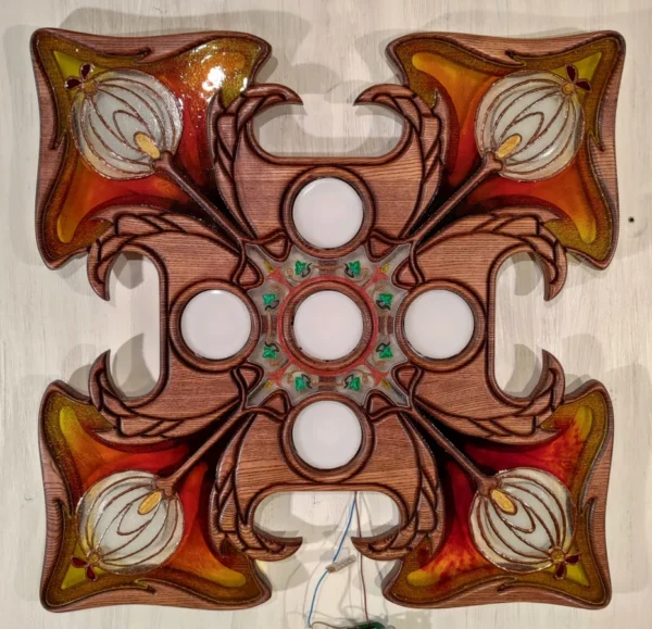 A&D Art Nouveau chandelier lighting - stained glass lamp in the form of wooden pendant light