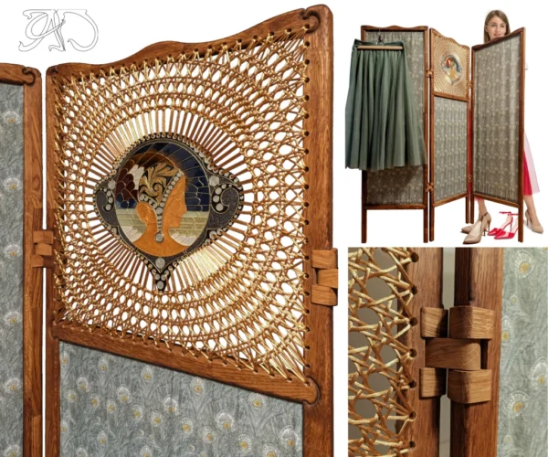 A&D Art Nouveau Room divider for studio apartment by the Masriera Brothers of Barcelona: weaved wooden folding screen