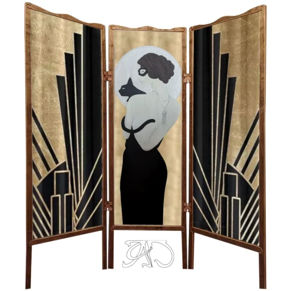 A&D Room Divider folding screen in Art Deco style "Lady and a cat"