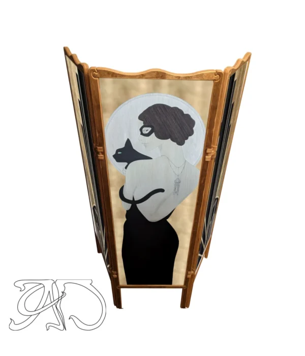 A&D Room Divider folding screen in Art Deco style "Lady and a cat" - Image 4