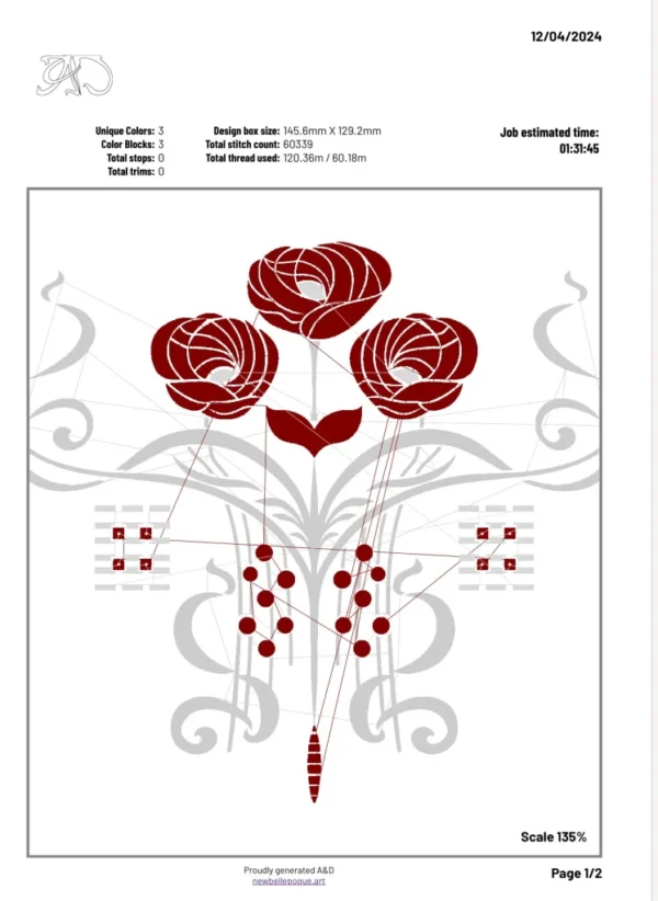 A&D Art Nouveau machine embroidery design #201, machine embroidery pes + pec + exp + jef + dst + pdf file - Image 6